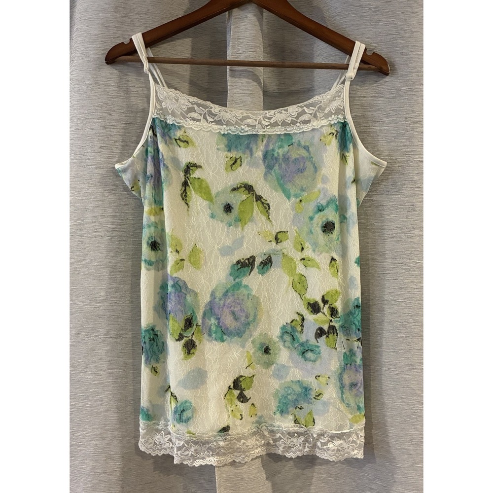 Women Y2K Lace Trim Floral Cami Size XL Blue Overlay Romantic‎ Fairy Coquette